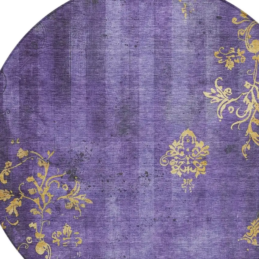 8' Purple And Gold Round Floral Washable Indoor Outdoor Area Rug Photo 4