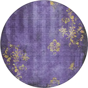 Photo of 8' Purple And Gold Round Floral Washable Indoor Outdoor Area Rug