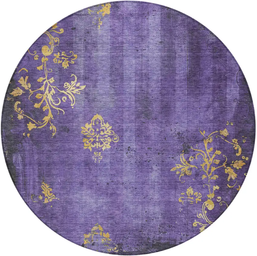 8' Purple And Gold Round Floral Washable Indoor Outdoor Area Rug Photo 3