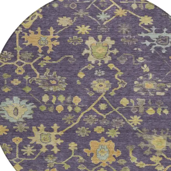 8' Purple And Gold Round Floral Washable Indoor Outdoor Area Rug Photo 4