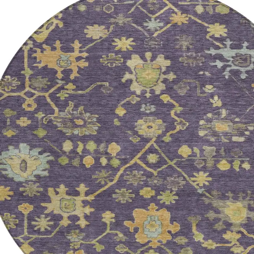 8' Purple And Gold Round Floral Washable Indoor Outdoor Area Rug Photo 4