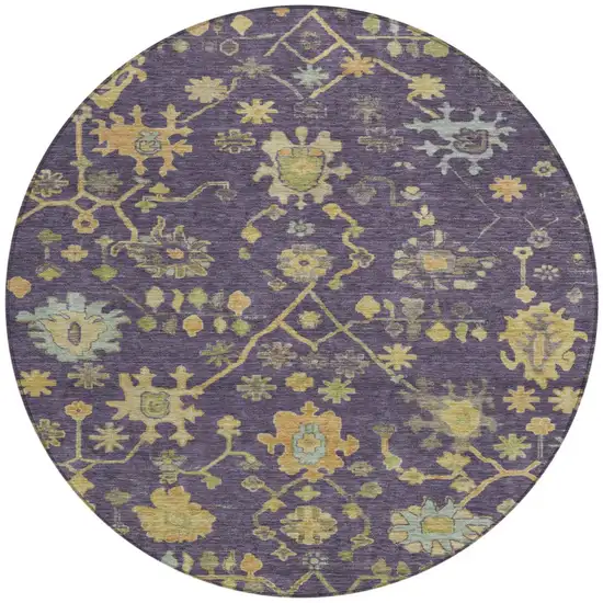 8' Purple And Gold Round Floral Washable Indoor Outdoor Area Rug Photo 3