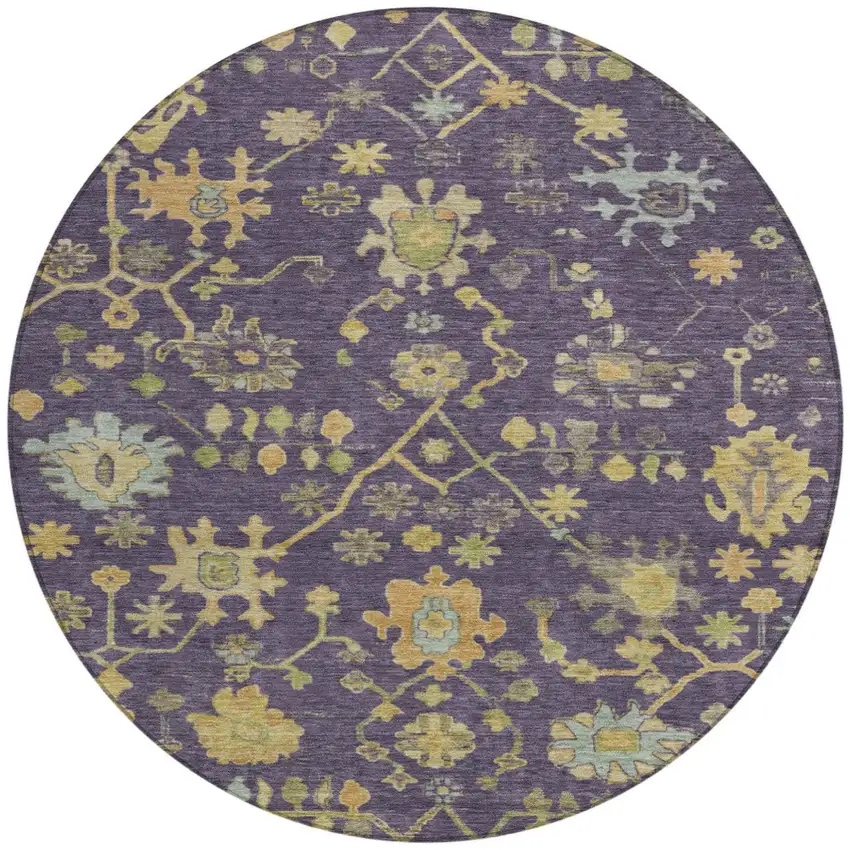 8' Purple And Gold Round Floral Washable Indoor Outdoor Area Rug Photo 3