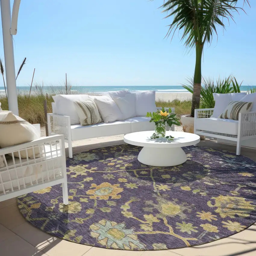 8' Purple And Gold Round Floral Washable Indoor Outdoor Area Rug Photo 5