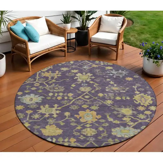 8' Purple And Gold Round Floral Washable Indoor Outdoor Area Rug Photo 2