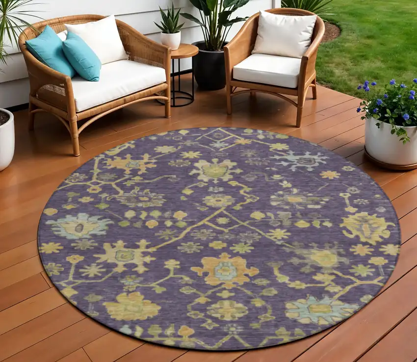 8' Purple And Gold Round Floral Washable Indoor Outdoor Area Rug Photo 2