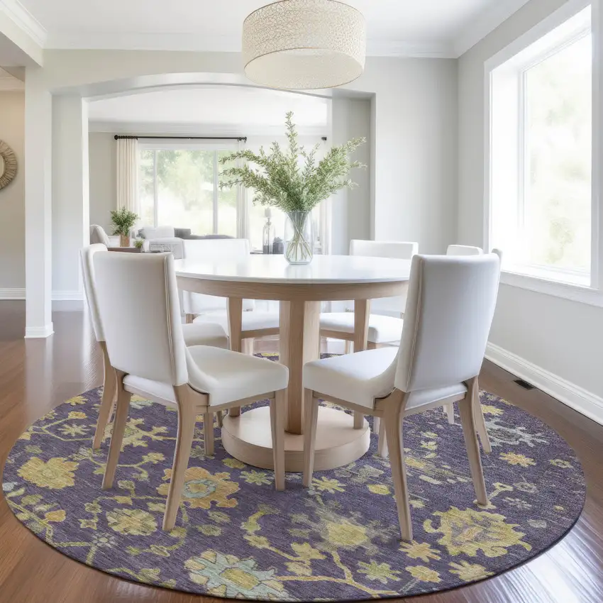 8' Purple And Gold Round Floral Washable Indoor Outdoor Area Rug Photo 6