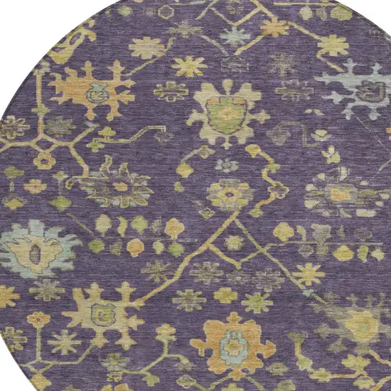 8' Purple And Gold Round Floral Washable Indoor Outdoor Area Rug Photo 8
