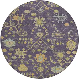 Photo of 8' Purple And Gold Round Floral Washable Indoor Outdoor Area Rug