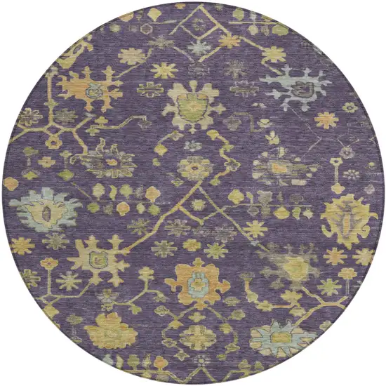 8' Purple And Gold Round Floral Washable Indoor Outdoor Area Rug Photo 1