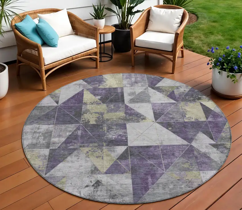 8' Purple And Gold Round Geometric Washable Indoor Outdoor Area Rug Photo 2