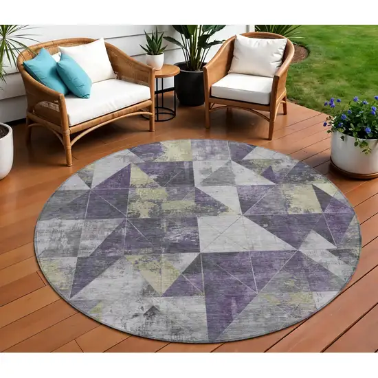 8' Purple And Gold Round Geometric Washable Indoor Outdoor Area Rug Photo 2