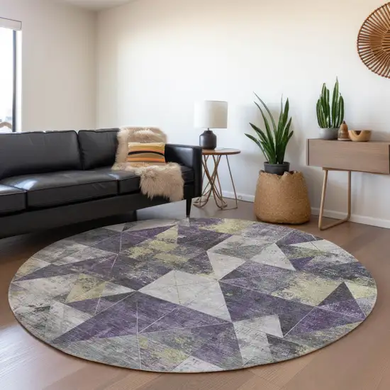 8' Purple And Gold Round Geometric Washable Indoor Outdoor Area Rug Photo 6