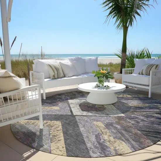 8' Purple And Gold Round Geometric Washable Indoor Outdoor Area Rug Photo 5