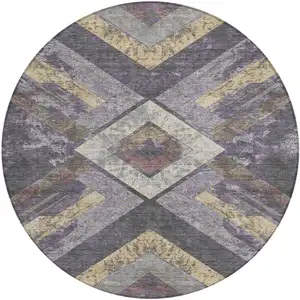 Photo of 8' Purple And Gold Round Geometric Washable Indoor Outdoor Area Rug