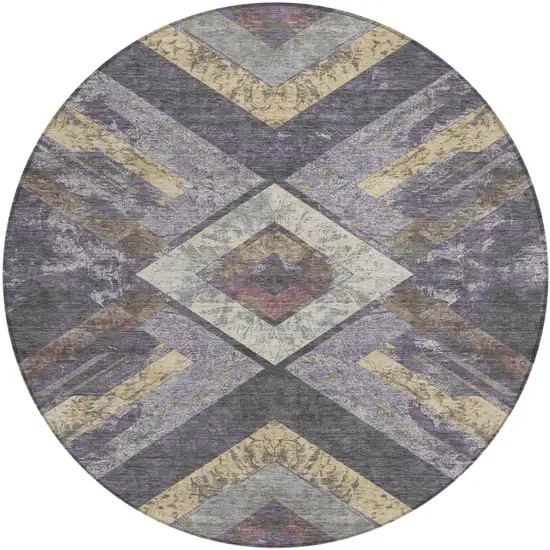 8' Purple And Gold Round Geometric Washable Indoor Outdoor Area Rug Photo 1