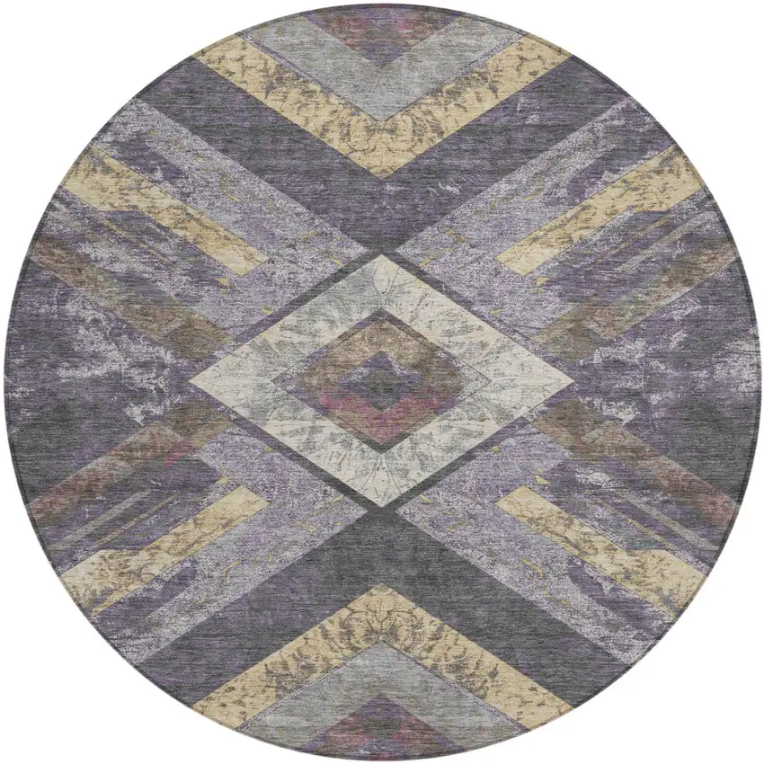 8' Purple And Gold Round Geometric Washable Indoor Outdoor Area Rug Photo 1