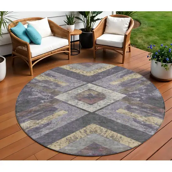 8' Purple And Gold Round Geometric Washable Indoor Outdoor Area Rug Photo 2