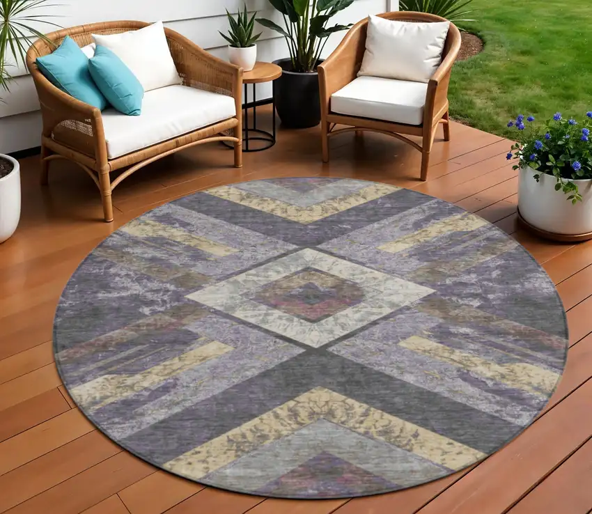 8' Purple And Gold Round Geometric Washable Indoor Outdoor Area Rug Photo 2