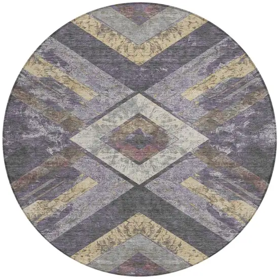 8' Purple And Gold Round Geometric Washable Indoor Outdoor Area Rug Photo 3