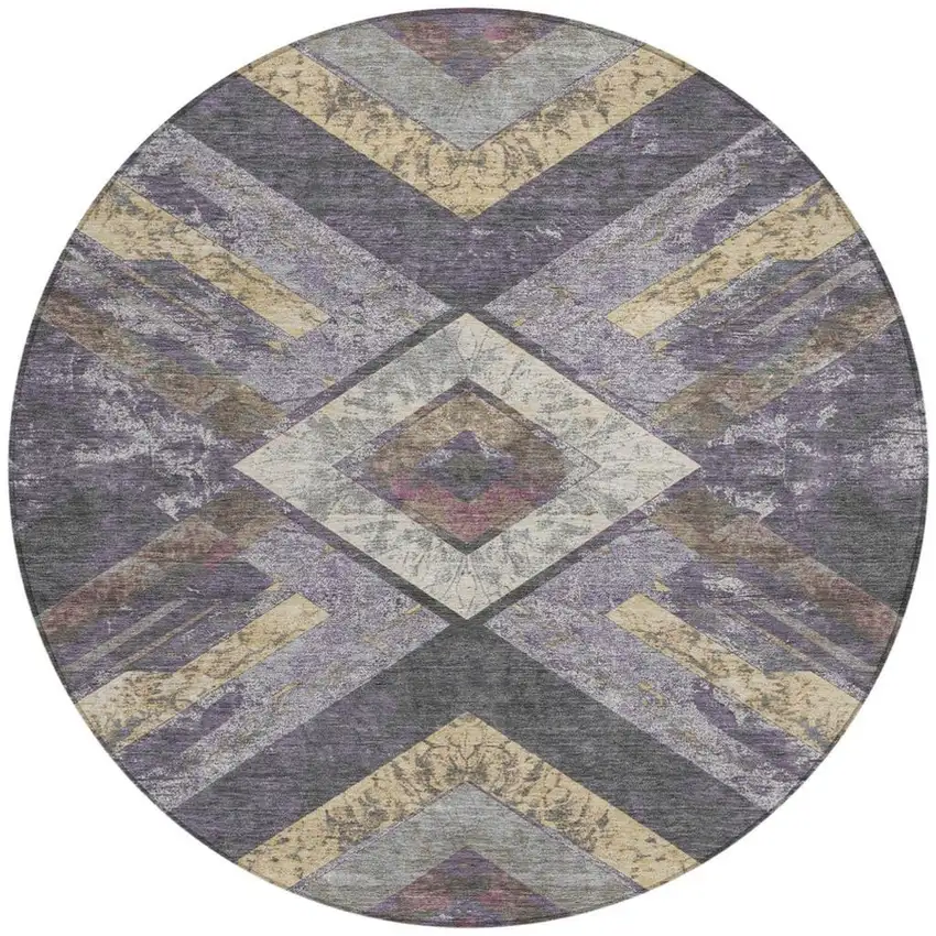 8' Purple And Gold Round Geometric Washable Indoor Outdoor Area Rug Photo 3