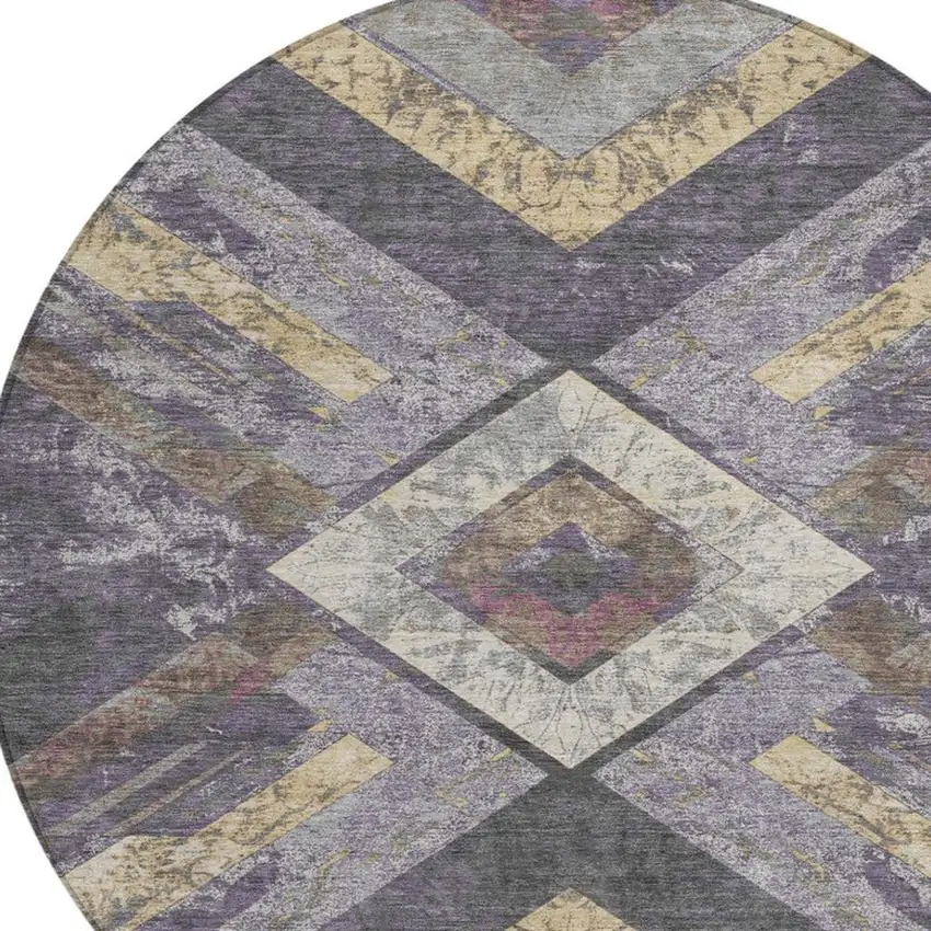 8' Purple And Gold Round Geometric Washable Indoor Outdoor Area Rug Photo 4