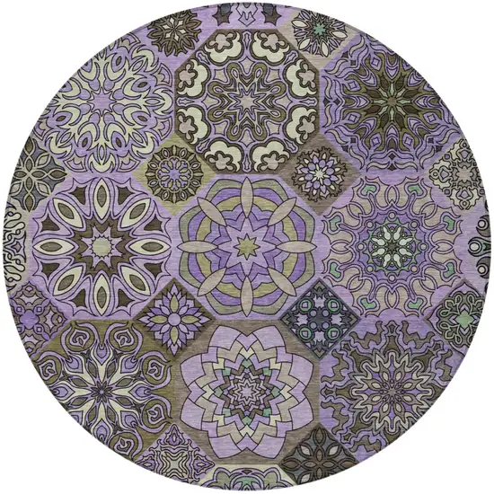 8' Purple And Graphite Round Patchwork Washable Indoor Outdoor Area Rug Photo 4
