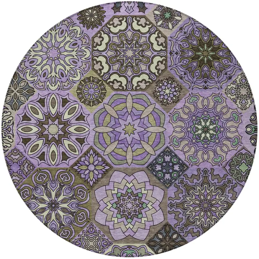 8' Purple And Graphite Round Patchwork Washable Indoor Outdoor Area Rug Photo 4