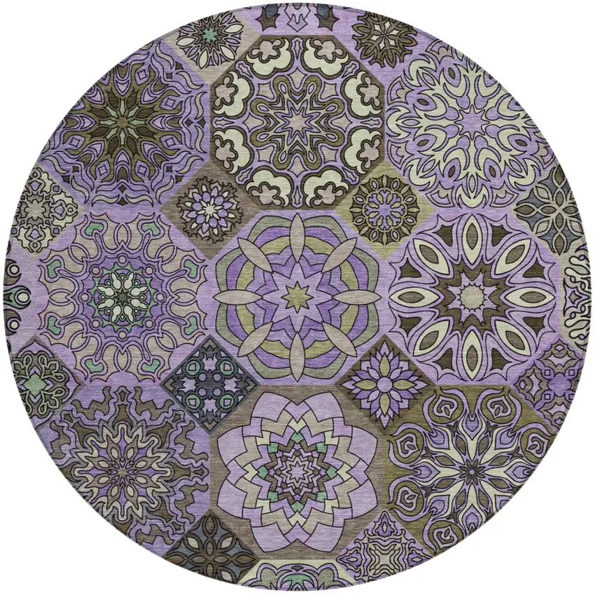 8' Purple And Graphite Round Patchwork Washable Indoor Outdoor Area Rug Photo 3