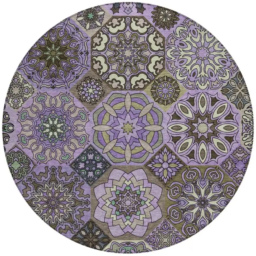 8' Purple And Graphite Round Patchwork Washable Indoor Outdoor Area Rug Photo 2