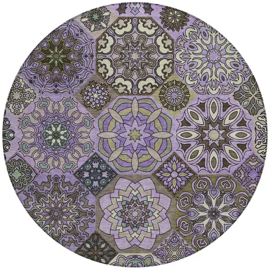 8' Purple And Graphite Round Patchwork Washable Indoor Outdoor Area Rug Photo 2