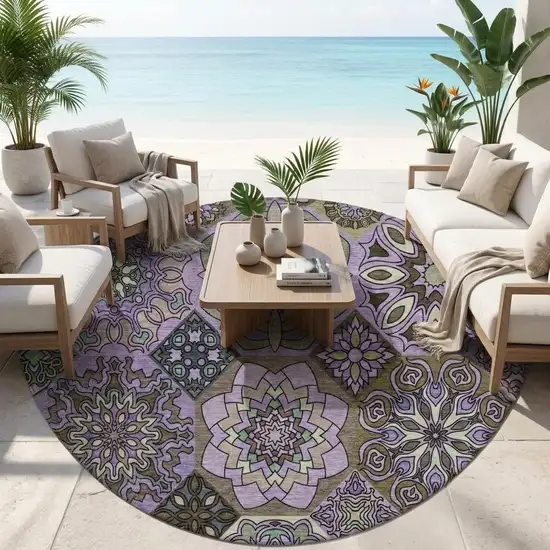 8' Purple And Graphite Round Patchwork Washable Indoor Outdoor Area Rug Photo 1