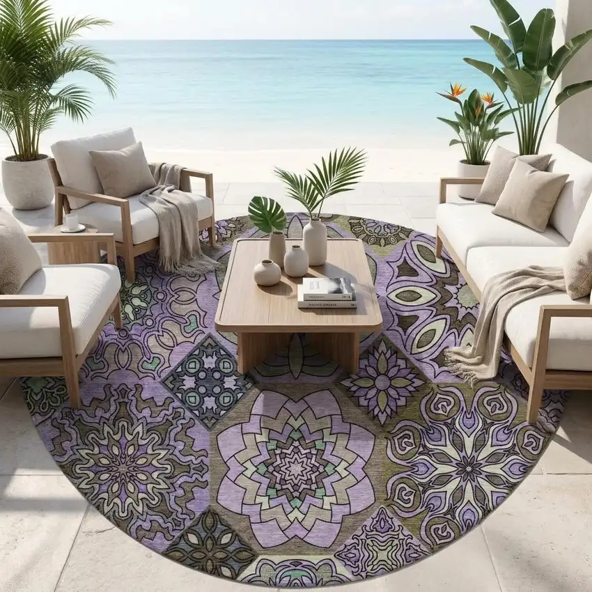 8' Purple And Graphite Round Patchwork Washable Indoor Outdoor Area Rug Photo 1
