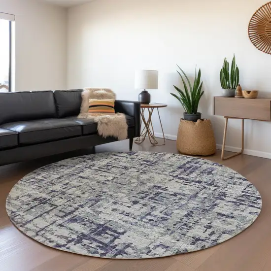 8' Purple And Gray Abstract Washable Round Rug With UV Protection Photo 4