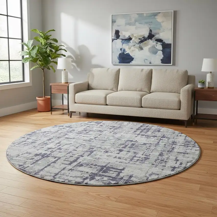 8' Purple And Gray Abstract Washable Round Rug With UV Protection Photo 1