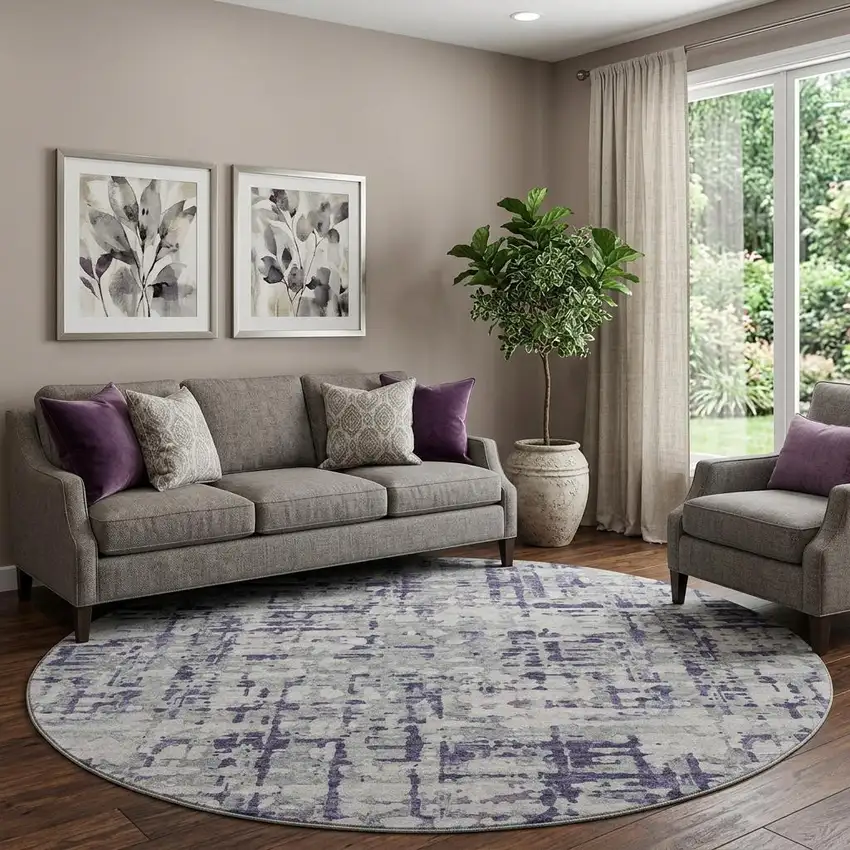 8' Purple And Gray Abstract Distressed Washable Round Rug With UV Protection Photo 1