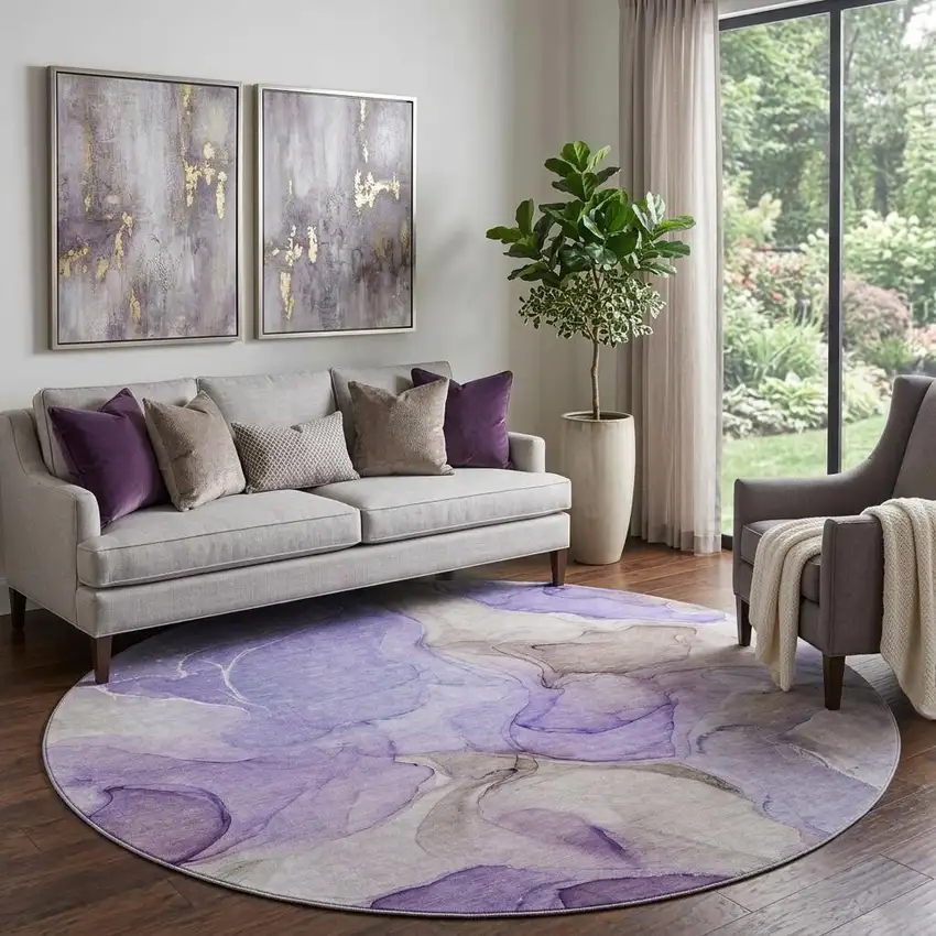 8' Purple And Gray Abstract Washable Round Rug With UV Protection Photo 1