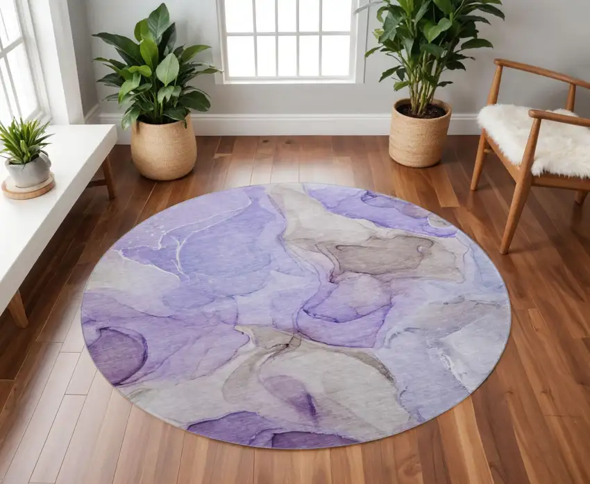 8' Purple And Gray Abstract Washable Round Rug With UV Protection Photo 2