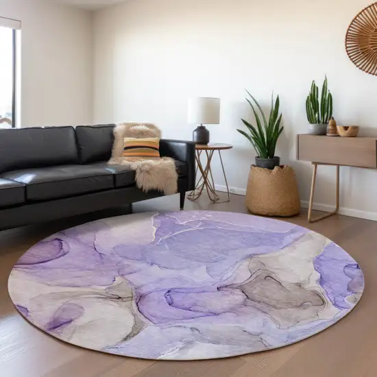 8' Purple And Gray Abstract Washable Round Rug With UV Protection Photo 5