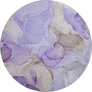 Photo of 8' Purple And Gray Abstract Washable Round Rug With UV Protection