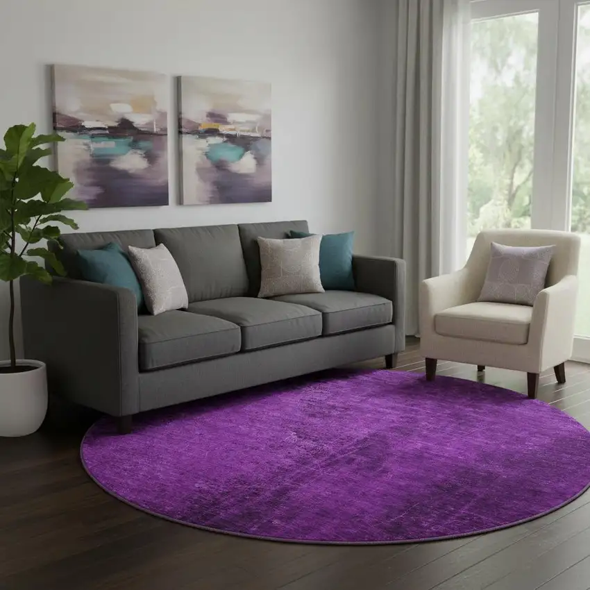 8' Purple And Gray Abstract Washable Round Rug With UV Protection Photo 1