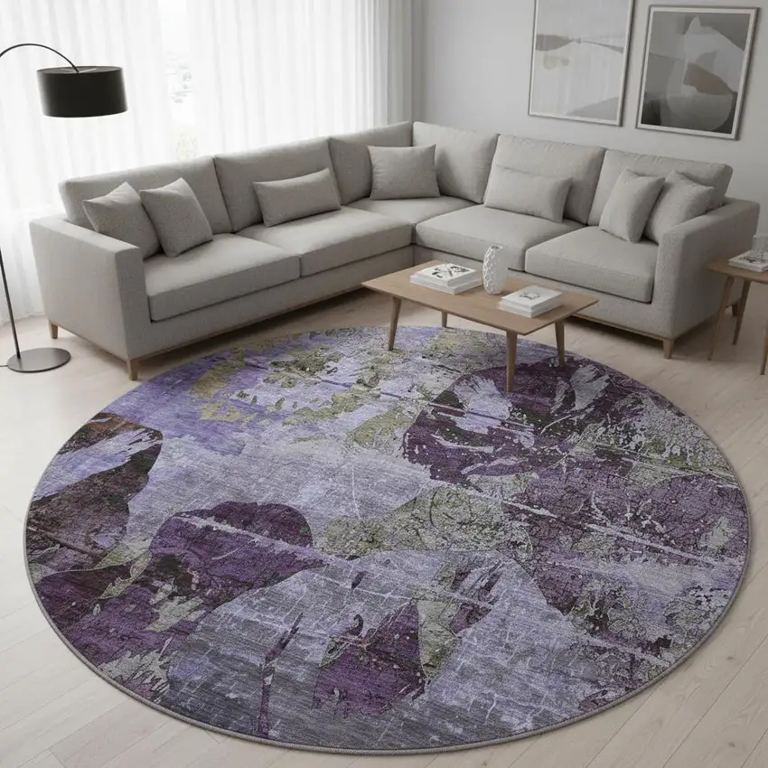 8' Purple And Gray Abstract Washable Round Rug With UV Protection Photo 2