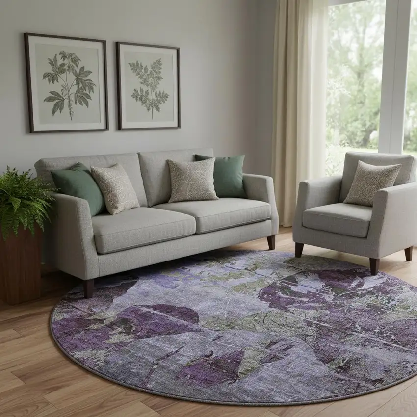 8' Purple And Gray Abstract Washable Round Rug With UV Protection Photo 1