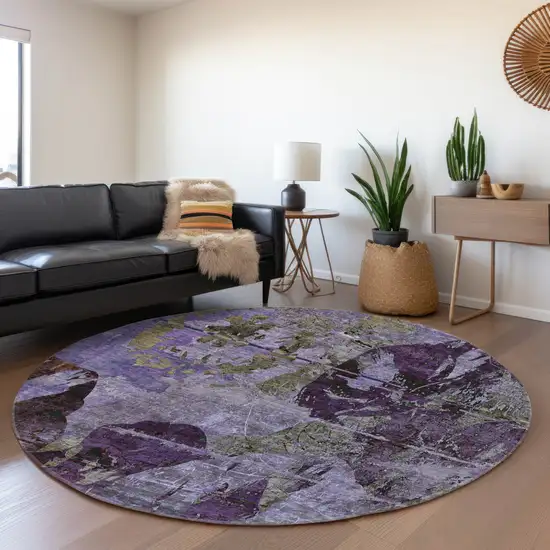 8' Purple And Gray Abstract Washable Round Rug With UV Protection Photo 5