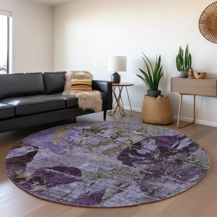 8' Purple And Gray Abstract Washable Round Rug With UV Protection Photo 5