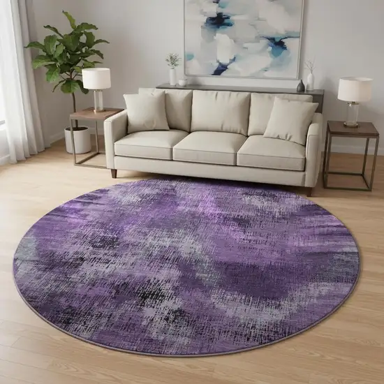 8' Purple And Gray Abstract Washable Round Rug With UV Protection Photo 2