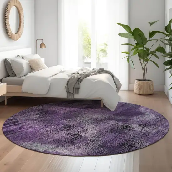 8' Purple And Gray Abstract Washable Round Rug With UV Protection Photo 5