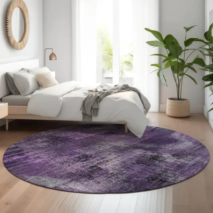 8' Purple And Gray Abstract Washable Round Rug With UV Protection Photo 5