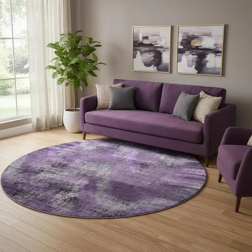 8' Purple And Gray Abstract Washable Round Rug With UV Protection Photo 1