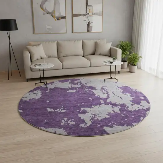 8' Purple And Gray Abstract Washable Round Rug With UV Protection Photo 2